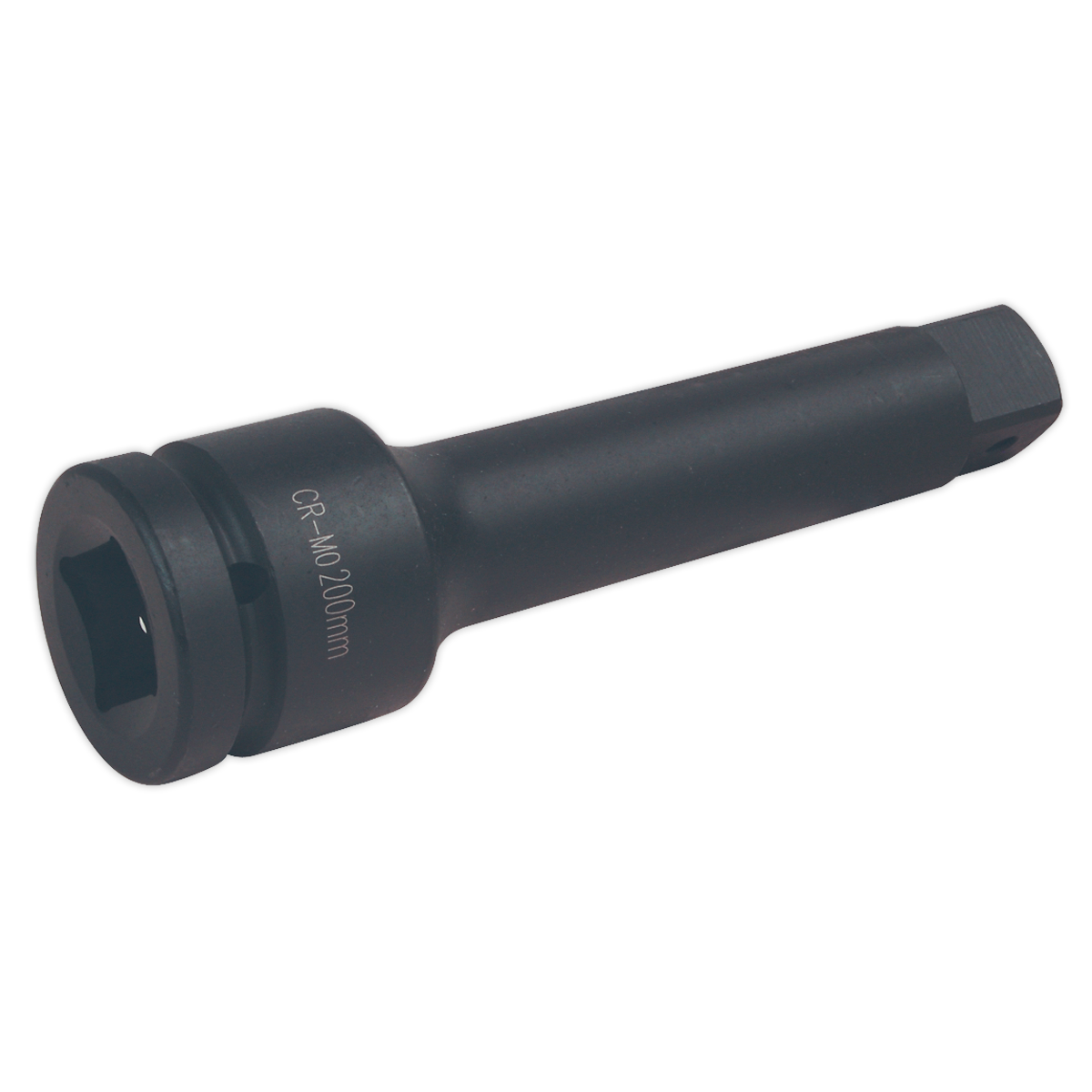 The Sealey Impact Extension Bar 200mm 1"Sq Drive - AK5511 is a black, cylindrical industrial socket extension tool designed for extending reach in socket wrenches. This Premier Hand Tools item offers exceptional corrosion resistance and is ideal for use with air impact tools.