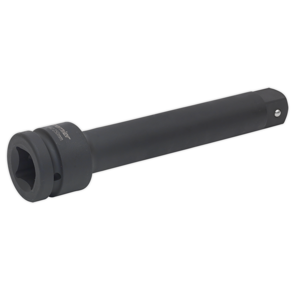 The Impact Extension Bar 250mm 1"Sq Drive - AK5512 from Sealey is a black, cylindrical socket extension with a square fitting at one end and a hole at the other end, designed for use with air impact tools. Its high corrosion resistance ensures longevity and reliable performance.