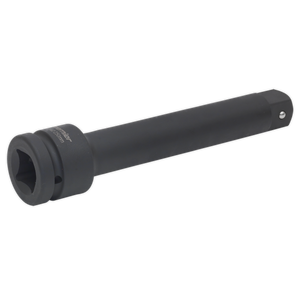 The Impact Extension Bar 250mm 1"Sq Drive - AK5512 from Sealey is a black, cylindrical socket extension with a square fitting at one end and a hole at the other end, designed for use with air impact tools. Its high corrosion resistance ensures longevity and reliable performance.