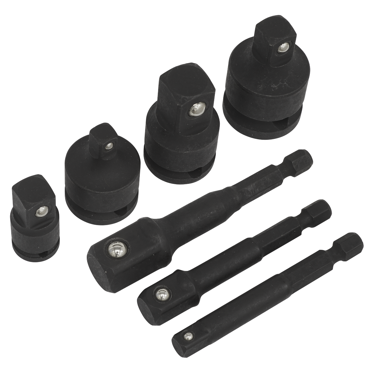 The Sealey Impact Socket Adaptor Set 7pc - AK5522 features seven high-quality socket adapters and extensions of varying sizes, crafted from durable Chrome Vanadium, arranged on a white background.