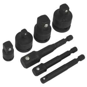 The Sealey Impact Socket Adaptor Set 7pc - AK5522 features seven high-quality socket adapters and extensions of varying sizes, crafted from durable Chrome Vanadium, arranged on a white background.