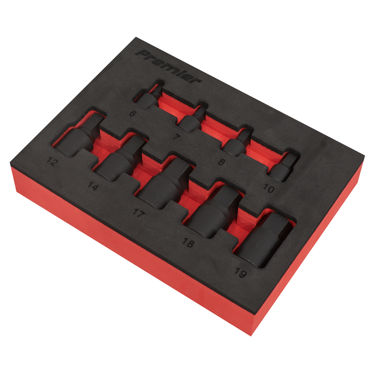 A professional-grade set of nine black socket bits, ranging from 6 to 19mm and crafted from durable Chrome Molybdenum steel, is organized in a red and black foam holder labeled "Premier Hand Tools". This Low Profile Impact Hex Socket Bit Set (AK5525) by Sealey features both 1/4" and 3/8" square drives.