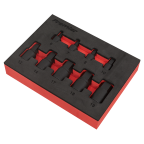 A professional-grade set of nine black socket bits, ranging from 6 to 19mm and crafted from durable Chrome Molybdenum steel, is organized in a red and black foam holder labeled "Premier Hand Tools". This Low Profile Impact Hex Socket Bit Set (AK5525) by Sealey features both 1/4" and 3/8" square drives.