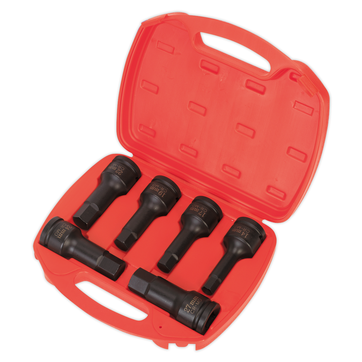 The Sealey Impact Hex Socket Bit Set 6pc 3/4"Sq Drive - AK5586 includes a sturdy red plastic case with five black impact sockets of varying sizes, expertly crafted from robust Chrome Molybdenum steel, making it perfect for professional use.