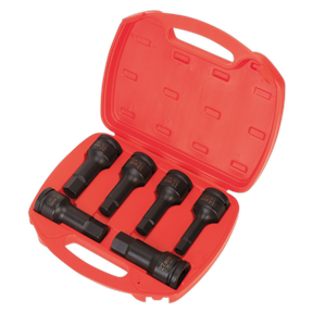The Sealey Impact Hex Socket Bit Set 6pc 3/4"Sq Drive - AK5586 includes a sturdy red plastic case with five black impact sockets of varying sizes, expertly crafted from robust Chrome Molybdenum steel, making it perfect for professional use.