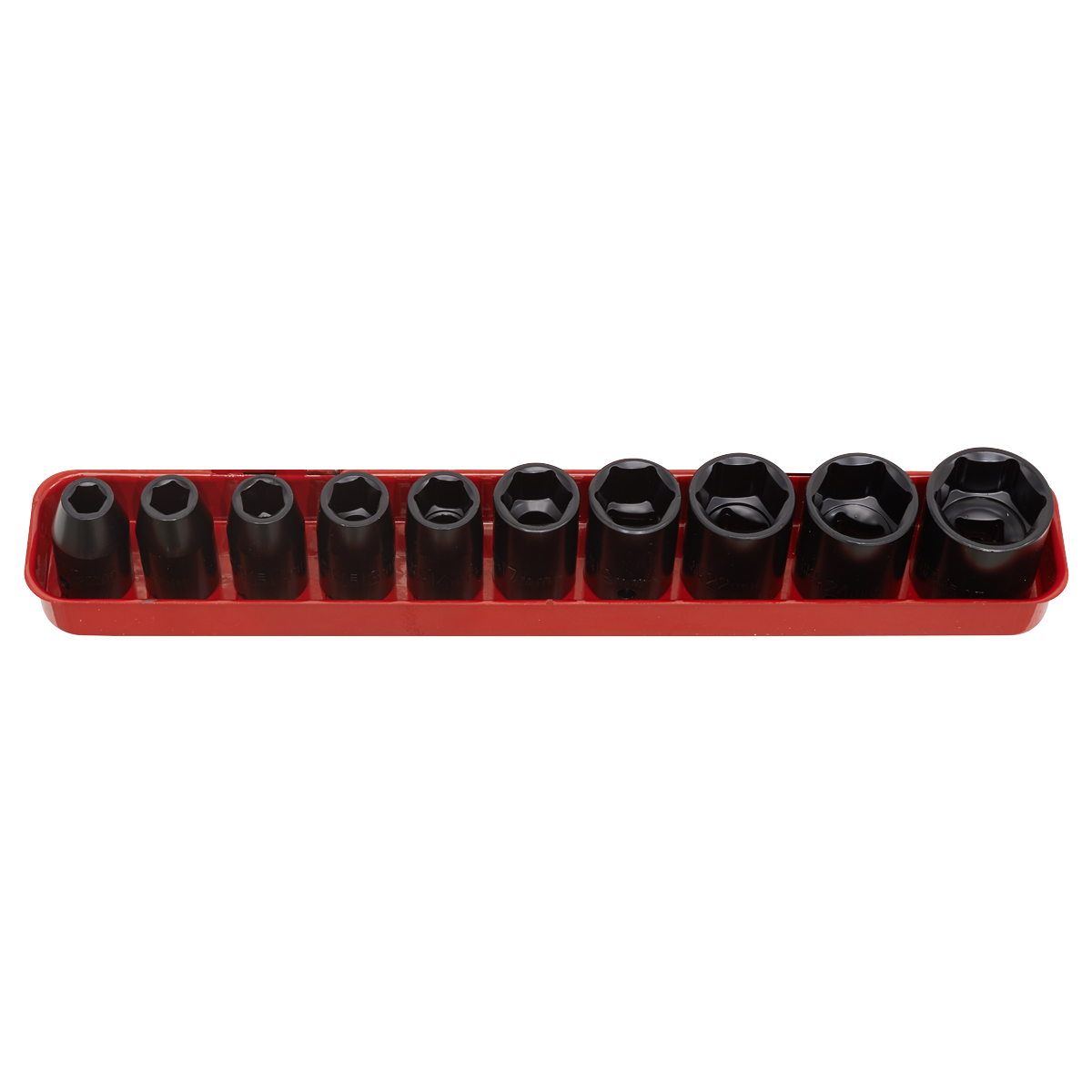 The Sealey Impact Socket Set 10pc 1/2"Sq Drive Metric - AK56/11M features ten durable socket wrenches made from Chrome Vanadium steel, neatly arranged in a red plastic holder.