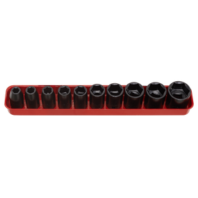 The Sealey Impact Socket Set 10pc 1/2"Sq Drive Metric - AK56/11M features ten durable socket wrenches made from Chrome Vanadium steel, neatly arranged in a red plastic holder.
