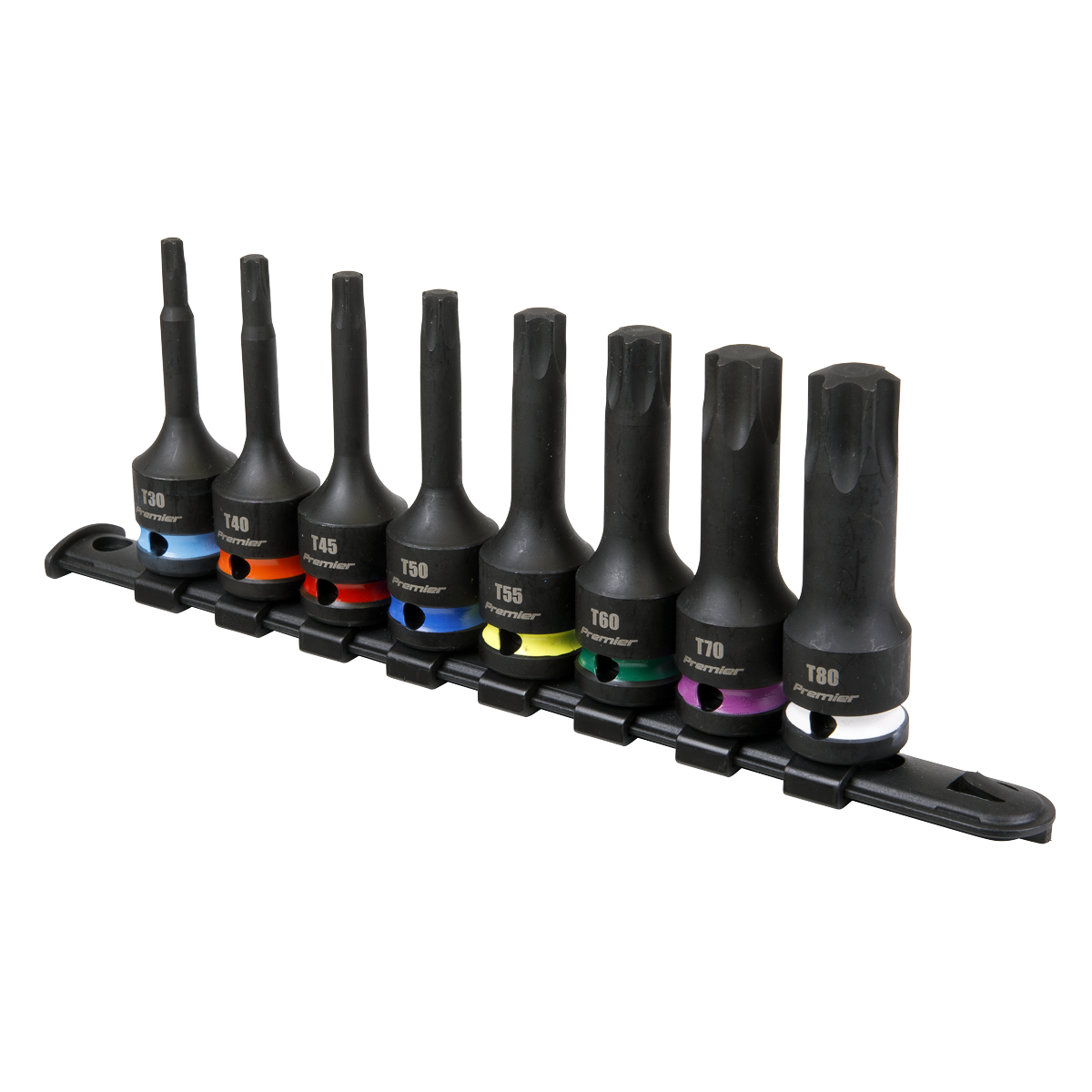 A set of eight Sealey TRX-Star* Impact Socket Bit Set 1/2”Sq Drive (model AK56002) in various sizes, each with a colored band, made of durable Chrome Molybdenum steel, and mounted on a black storage rail.