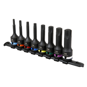 A set of eight Sealey TRX-Star* Impact Socket Bit Set 1/2”Sq Drive (model AK56002) in various sizes, each with a colored band, made of durable Chrome Molybdenum steel, and mounted on a black storage rail.