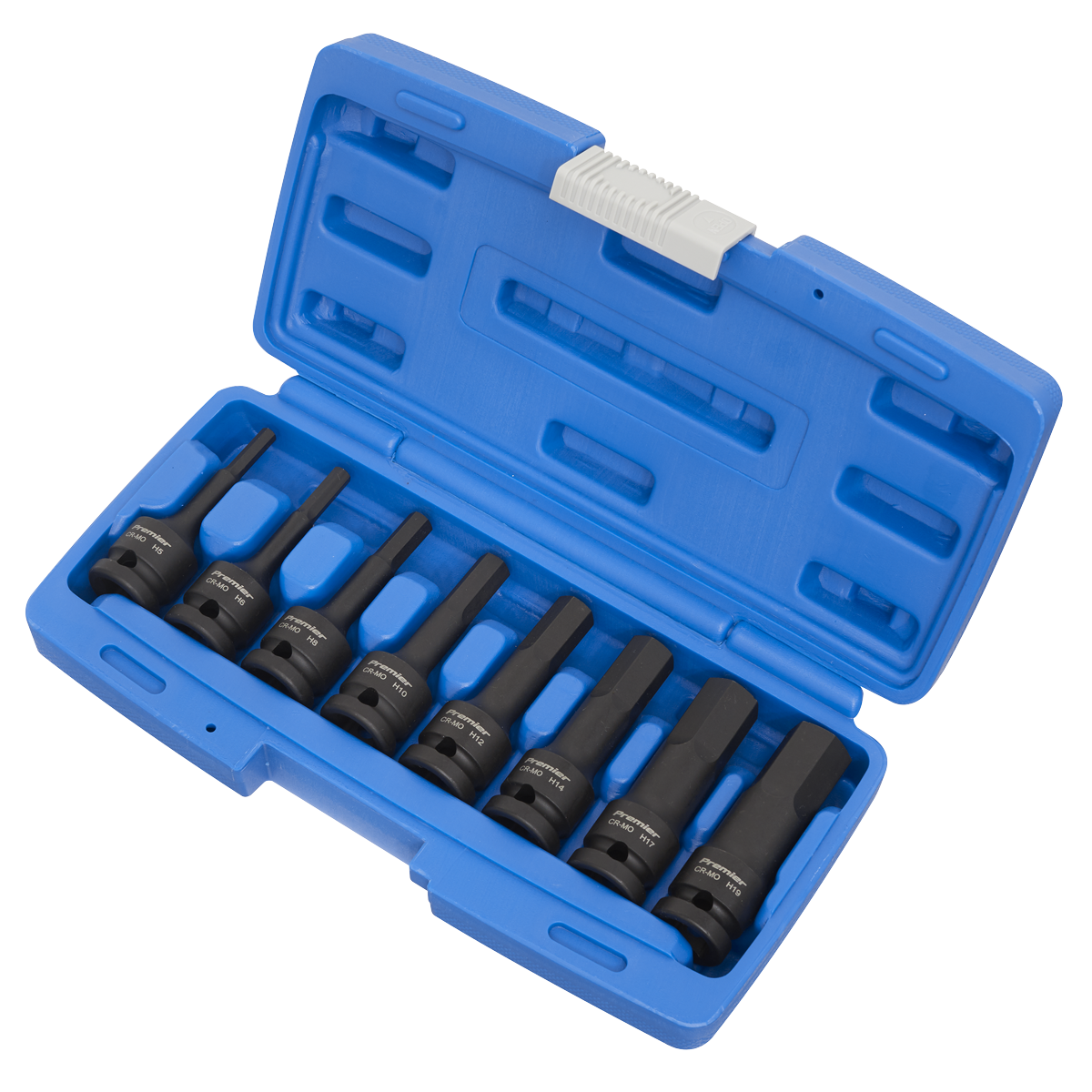 A Sealey Impact Hex Socket Bit Set, model AK5601, features seven black chrome molybdenum socket wrenches and an additional eighth piece, all housed in a blue plastic case with individual slots for professional use.