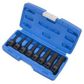 A Sealey Impact Hex Socket Bit Set, model AK5601, features seven black chrome molybdenum socket wrenches and an additional eighth piece, all housed in a blue plastic case with individual slots for professional use.