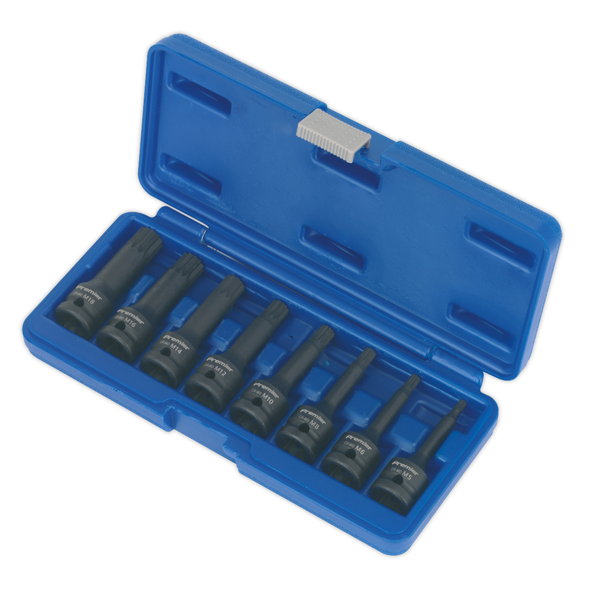 The Sealey Impact Spline Socket Bit Set 8pc 1/2"Sq Drive - AK5604 consists of eight black hex bit impact sockets made from durable chrome molybdenum steel, neatly organized in a single row within a blue plastic case.