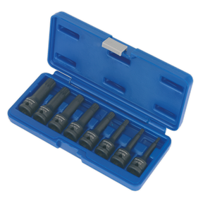 The Sealey Impact Spline Socket Bit Set 8pc 1/2"Sq Drive - AK5604 consists of eight black hex bit impact sockets made from durable chrome molybdenum steel, neatly organized in a single row within a blue plastic case.