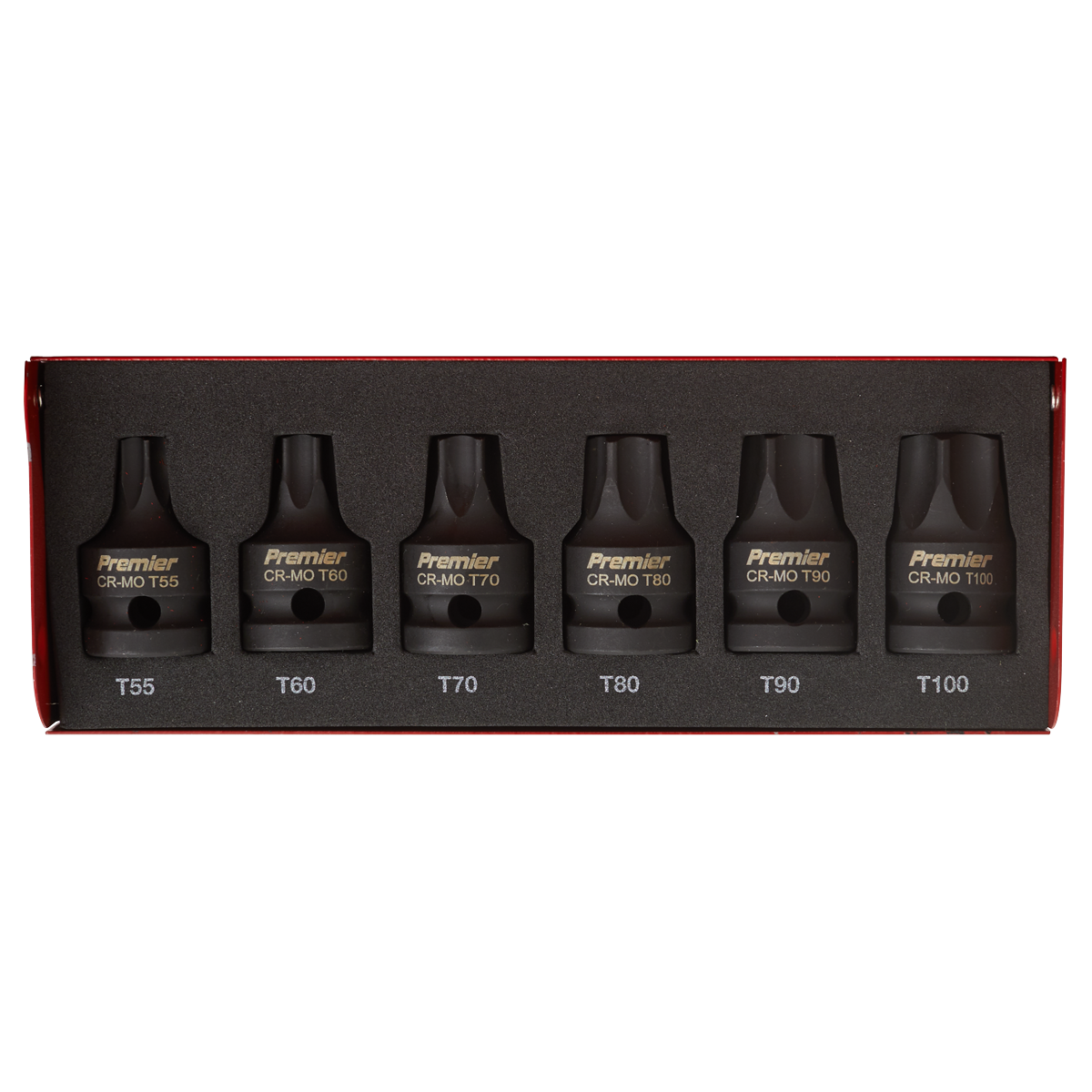 Introducing the Sealey Impact TRX-Star* Socket Bit Set 6pc 1/2"Sq Drive - AK5607, featuring six black CR-MO Premier Hand Tools socket bits in sizes T55, T60, T70, T80, T90, and T100. Packaged in a durable red box, it is ideal for professional use.