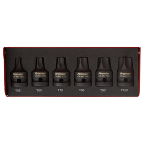 Introducing the Sealey Impact TRX-Star* Socket Bit Set 6pc 1/2"Sq Drive - AK5607, featuring six black CR-MO Premier Hand Tools socket bits in sizes T55, T60, T70, T80, T90, and T100. Packaged in a durable red box, it is ideal for professional use.