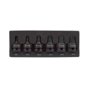 A set of six Sealey Impact Spline Socket Bit Set 6pc (1/2" Square Drive - AK5608) wrenches labeled M8, M10, M12, M14, M16, and M18 are neatly arranged in a black foam holder. These impact sockets offer excellent corrosion resistance.