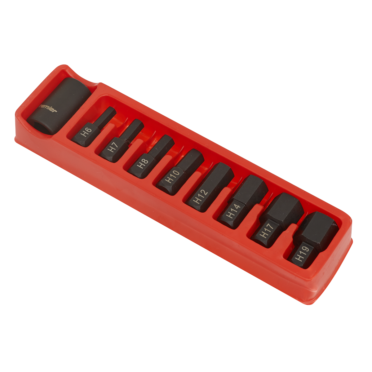 A Sealey Impact Hex Bit & Holder Set 9pc 1/2"Sq Drive - AK5609, featuring hex bits labeled H6 to H19, neatly arranged in a red holder.