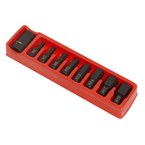 A Sealey Impact Hex Bit & Holder Set 9pc 1/2"Sq Drive - AK5609, featuring hex bits labeled H6 to H19, neatly arranged in a red holder.