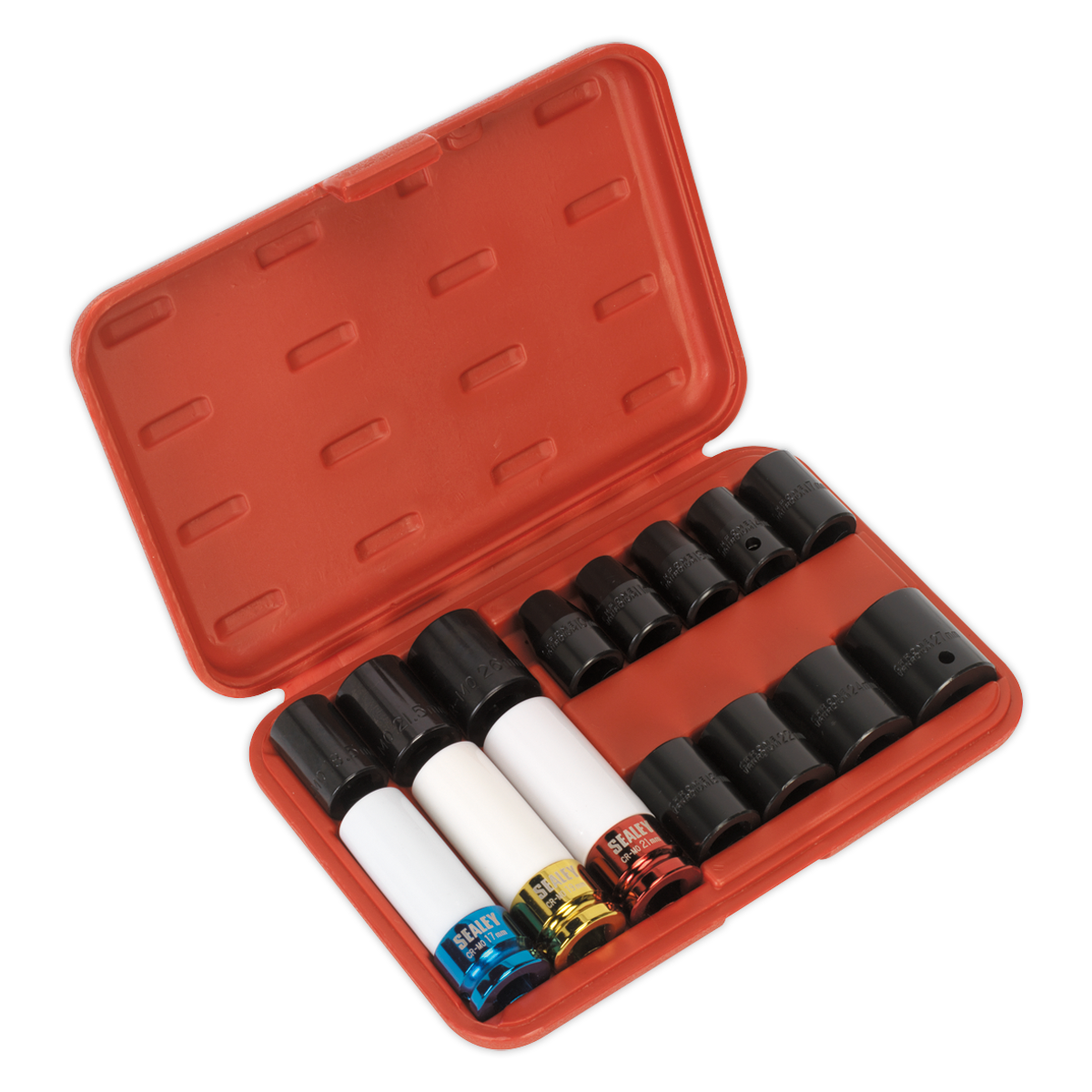 A Sealey Impact Socket & Wheel Nut Removal Set 15pc 1/2"Sq Drive - AK5615M, stored in a red plastic case, includes various socket wrenches in multiple colors and sizes, featuring blue, white, and black impact socket sets along with specialized locking wheel nut removal sockets.