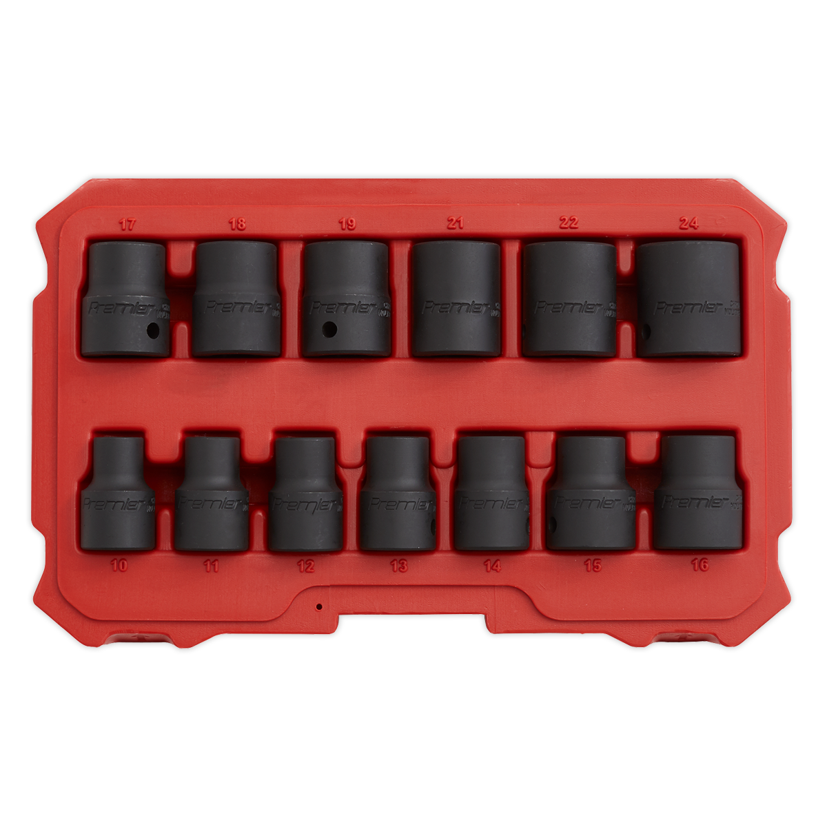 Introducing the Sealey Impact Socket Set 13pc 1/2"Sq Drive Lock-On™ 6pt Metric - AK5616M, featuring thirteen black socket wrenches made from durable Chrome Molybdenum steel, neatly organized in a red plastic case with labeled sizes ranging from 10mm to 24mm.