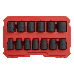 Introducing the Sealey Impact Socket Set 13pc 1/2"Sq Drive Lock-On™ 6pt Metric - AK5616M, featuring thirteen black socket wrenches made from durable Chrome Molybdenum steel, neatly organized in a red plastic case with labeled sizes ranging from 10mm to 24mm.