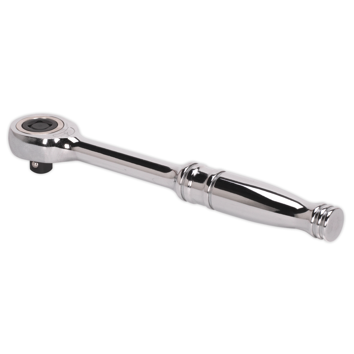 The Sealey Gearless Ratchet 1/4"Sq Drive - Push-Through Reverse - AK561 is a chrome-finished ratchet wrench crafted from robust Chrome Vanadium steel. It features a cylindrical handle and rotating head for effortlessly tightening or loosening nuts and bolts, making it an essential hand tool designed with precision and reliability in mind.