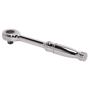 The Sealey Gearless Ratchet 1/4"Sq Drive - Push-Through Reverse - AK561 is a chrome-finished ratchet wrench crafted from robust Chrome Vanadium steel. It features a cylindrical handle and rotating head for effortlessly tightening or loosening nuts and bolts, making it an essential hand tool designed with precision and reliability in mind.