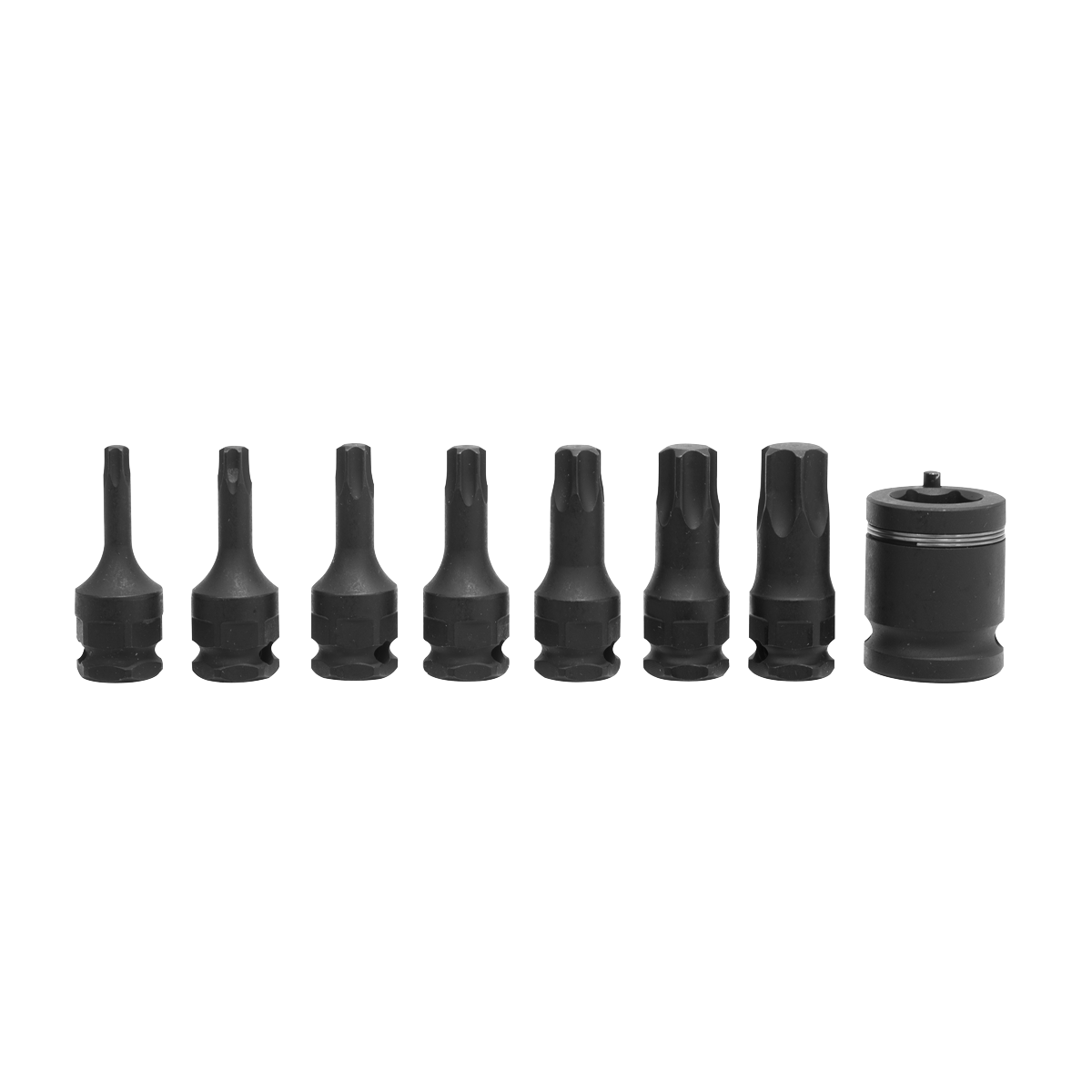 A set of seven Sealey Premier Hand Tools Impact TRX-Star* black hex head socket bits and one larger Chrome Molybdenum steel socket piece from the 8pc 3/8"Sq Drive - AK5621, arranged in a line against a white background.