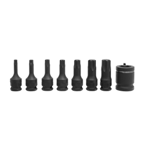 A set of seven Sealey Premier Hand Tools Impact TRX-Star* black hex head socket bits and one larger Chrome Molybdenum steel socket piece from the 8pc 3/8"Sq Drive - AK5621, arranged in a line against a white background.