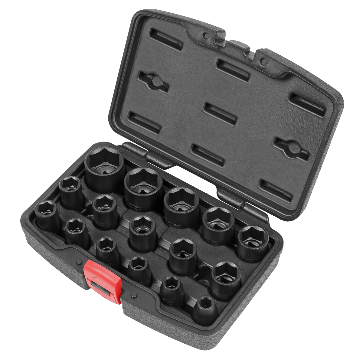 A Sealey Impact Socket Set 16pc 1/2”Sq Drive (AK5624M) that includes a set of 16 dark hexagonal socket wrenches of various sizes, all made from durable Chrome Vanadium steel, housed in a black hard plastic case with a red latch.