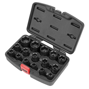 A Sealey Impact Socket Set 16pc 1/2”Sq Drive (AK5624M) that includes a set of 16 dark hexagonal socket wrenches of various sizes, all made from durable Chrome Vanadium steel, housed in a black hard plastic case with a red latch.