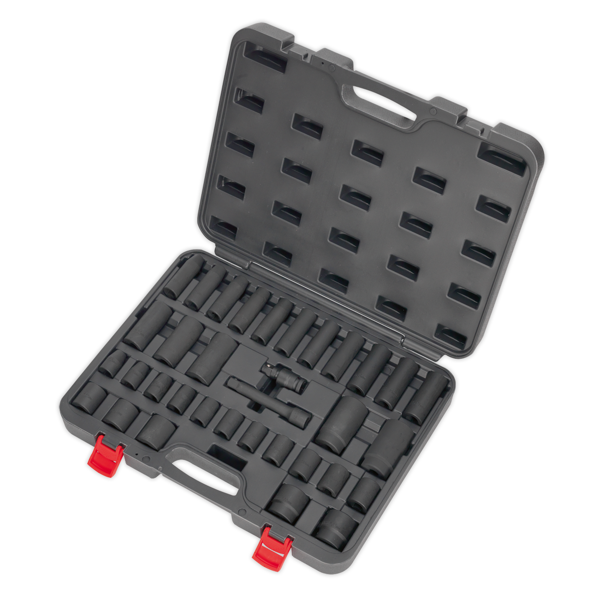 An open, empty black Sealey tool case featuring custom foam inserts and slots for various Premier Hand Tools. The case, equipped with a handle and two red latches, is perfect for organizing the Impact Socket Set 34pc 1/2"Sq Drive Metric - AK5634M made of Chrome Vanadium steel.