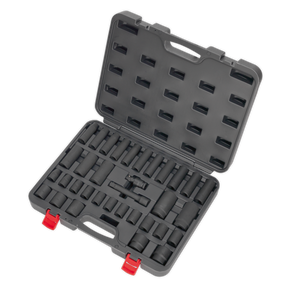 An open, empty black Sealey tool case featuring custom foam inserts and slots for various Premier Hand Tools. The case, equipped with a handle and two red latches, is perfect for organizing the Impact Socket Set 34pc 1/2"Sq Drive Metric - AK5634M made of Chrome Vanadium steel.