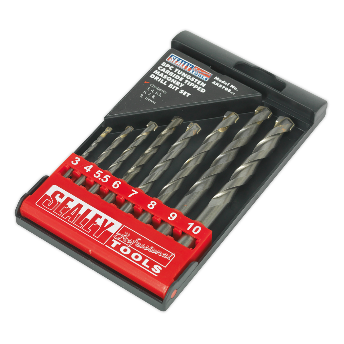 The Sealey Tungsten Carbide Tipped Masonry Drill Bit Set 8pc - AK5708 includes eight expertly crafted steel drill bits with an efficient flute design, all housed in a black plastic case with red labeling. The sizes of the bits range from 3mm to 10mm.