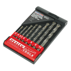 The Sealey Tungsten Carbide Tipped Masonry Drill Bit Set 8pc - AK5708 includes eight expertly crafted steel drill bits with an efficient flute design, all housed in a black plastic case with red labeling. The sizes of the bits range from 3mm to 10mm.