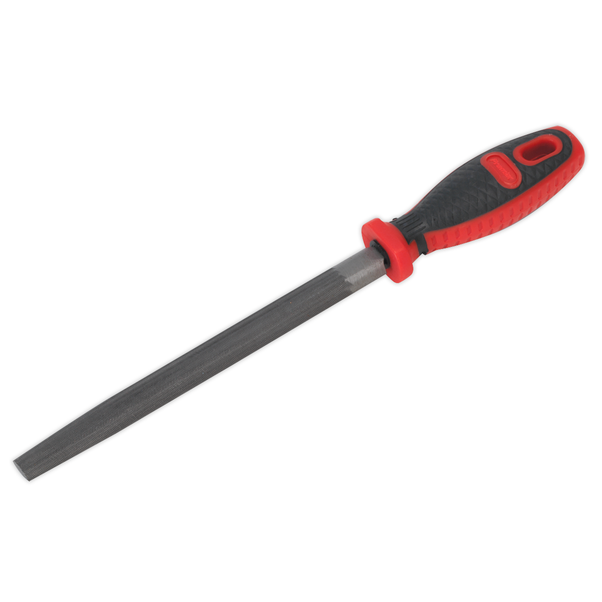 A Half-Round Engineer's File 200mm - AK5731 from Sealey, equipped with a red and black comfort grip handle, featuring a double cut coarse file.