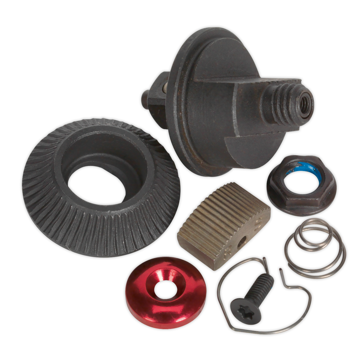 Introducing the Sealey Repair Kit for AK5761 1/4"Sq Drive (AK5761.RK), a comprehensive assortment of mechanical parts—including gears, a red circular component, a gray threaded piece, springs, and small metal and plastic components. It's perfect for enhancing your Premier Hand Tools repair kit.