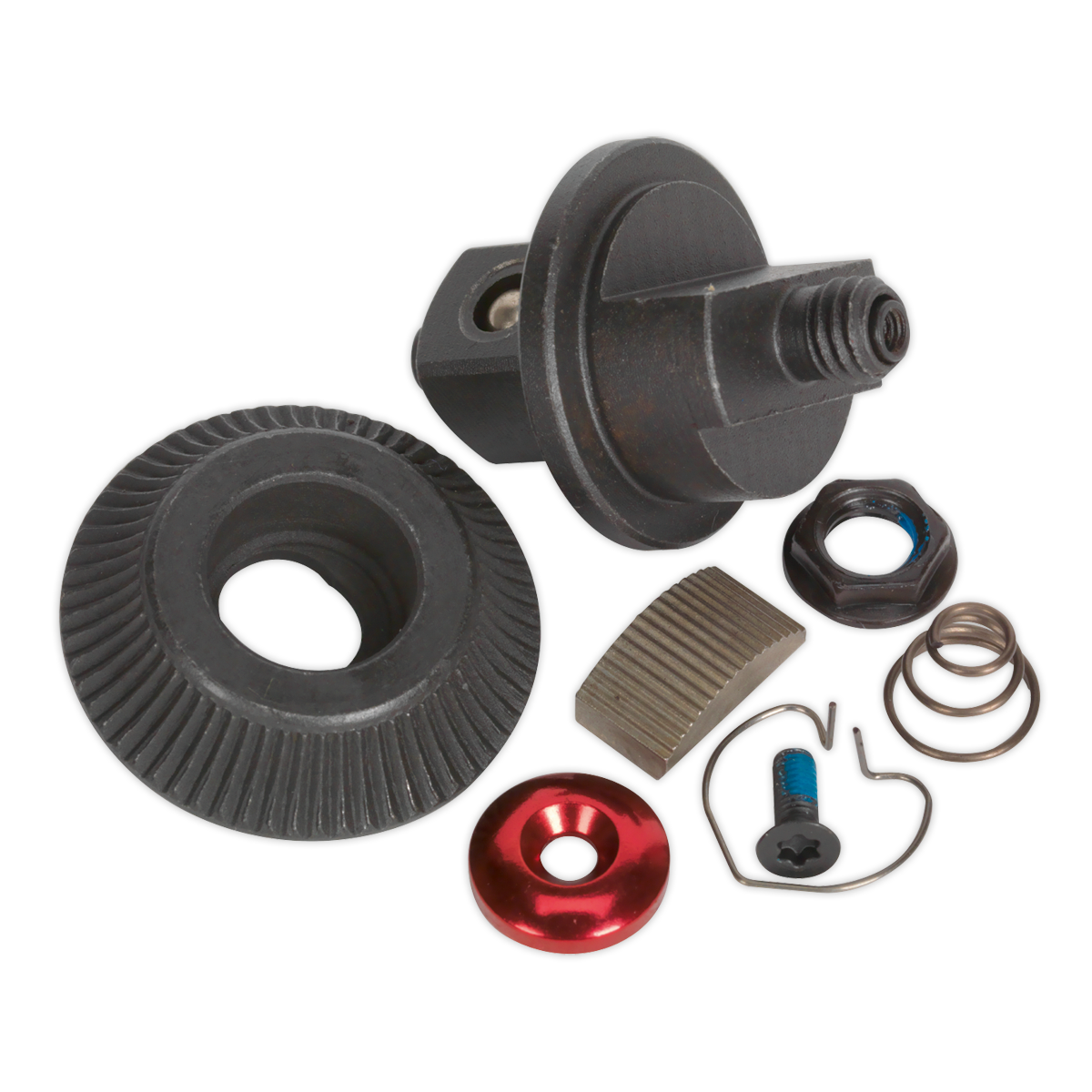 A variety of mechanical parts including a gear, threaded bolt, red washer, springs, and small components arranged on a white background, alongside a Sealey Repair Kit for AK5762 3/8"Sq Drive - AK5762.RK.