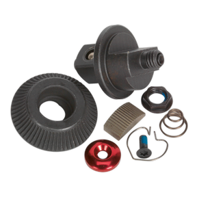 A variety of mechanical parts including a gear, threaded bolt, red washer, springs, and small components arranged on a white background, alongside a Sealey Repair Kit for AK5762 3/8"Sq Drive - AK5762.RK.