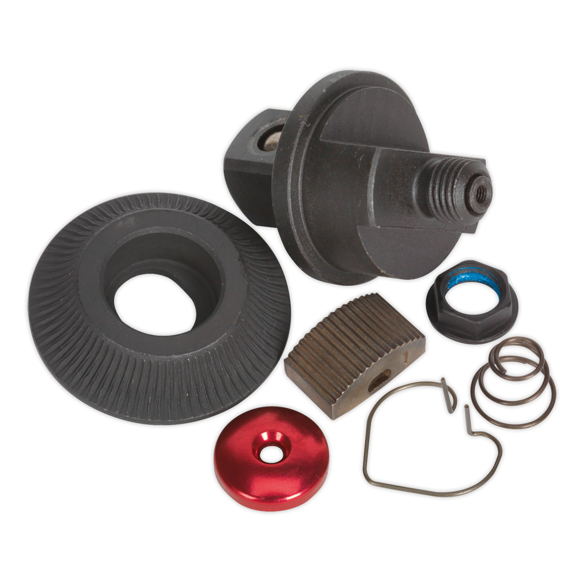 A collection of mechanical parts, including a gear, spring, washers, and a small red circular component from the Sealey Repair Kit for AK5763 1/2"Sq Drive - AK5763.RK, arranged on a plain background.