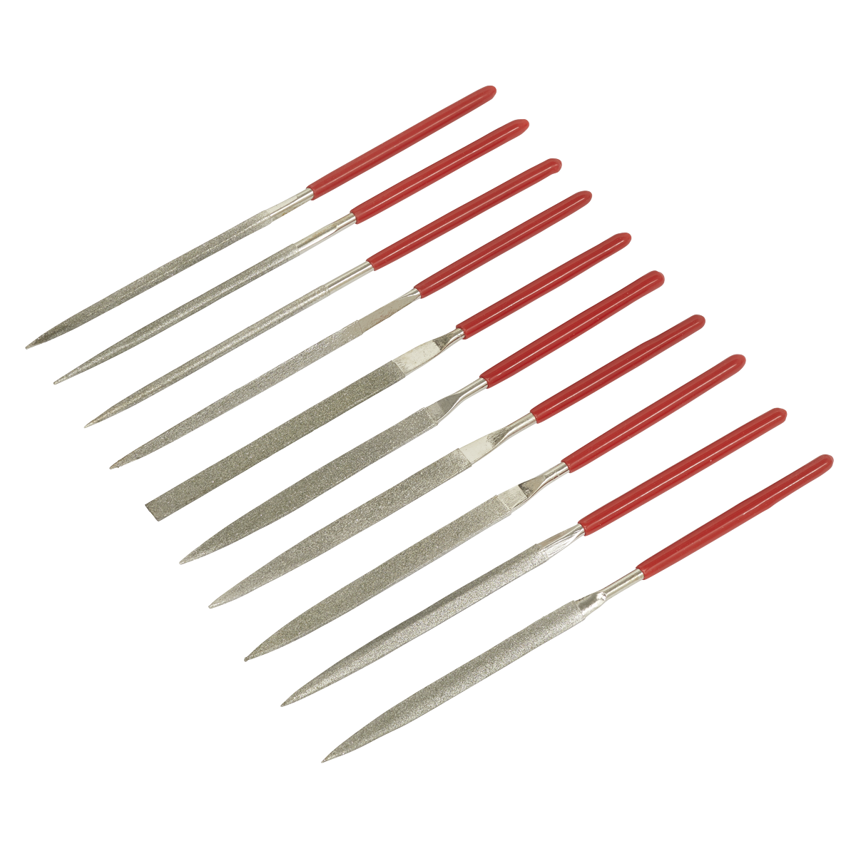 The Sealey Diamond Needle File Set 10pc - AK577 features ten files with vinyl dipped red handles arranged in a straight line, and it is backed by a lifetime guarantee.