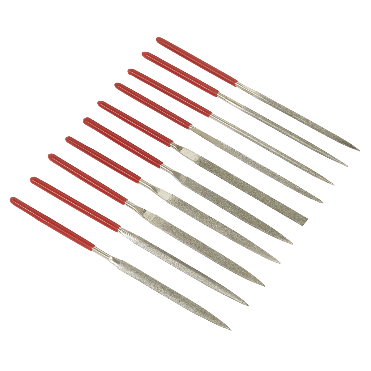 The Sealey Diamond Needle File Set 10pc - AK577, featuring ten durable files with red vinyl dipped handles arranged in a grid pattern, comes with a lifetime guarantee.