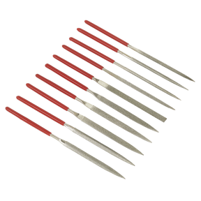 The Sealey Diamond Needle File Set 10pc - AK577, featuring ten durable files with red vinyl dipped handles arranged in a grid pattern, comes with a lifetime guarantee.