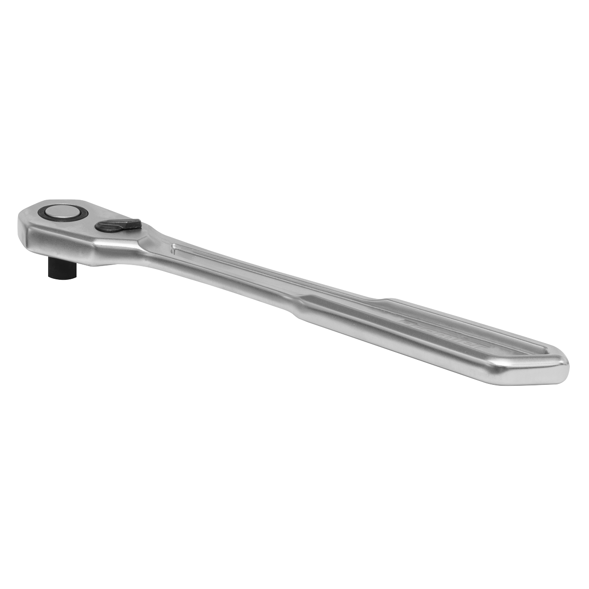 A Sealey Ratchet Wrench Low Profile 1/4"Sq Drive Flip Reverse (AK5782), with a silver finish, long handle, and round head, crafted from durable Chrome Vanadium steel, viewed from a slight angle.