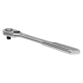 A Sealey Ratchet Wrench Low Profile 1/4"Sq Drive Flip Reverse (AK5782), with a silver finish, long handle, and round head, crafted from durable Chrome Vanadium steel, viewed from a slight angle.