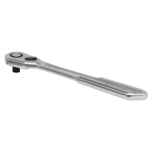 A Sealey Ratchet Wrench Low Profile 1/4"Sq Drive Flip Reverse (AK5782), with a silver finish, long handle, and round head, crafted from durable Chrome Vanadium steel, viewed from a slight angle.