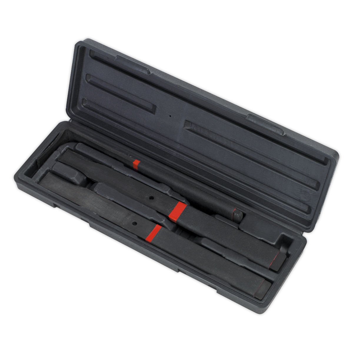 The Sealey Panel Seam Splitter Set 3pc - AK579 comes in a black plastic case with a molded interior that securely holds the two Chrome Molybdenum tools with red clips. The case is open, showcasing its contents.