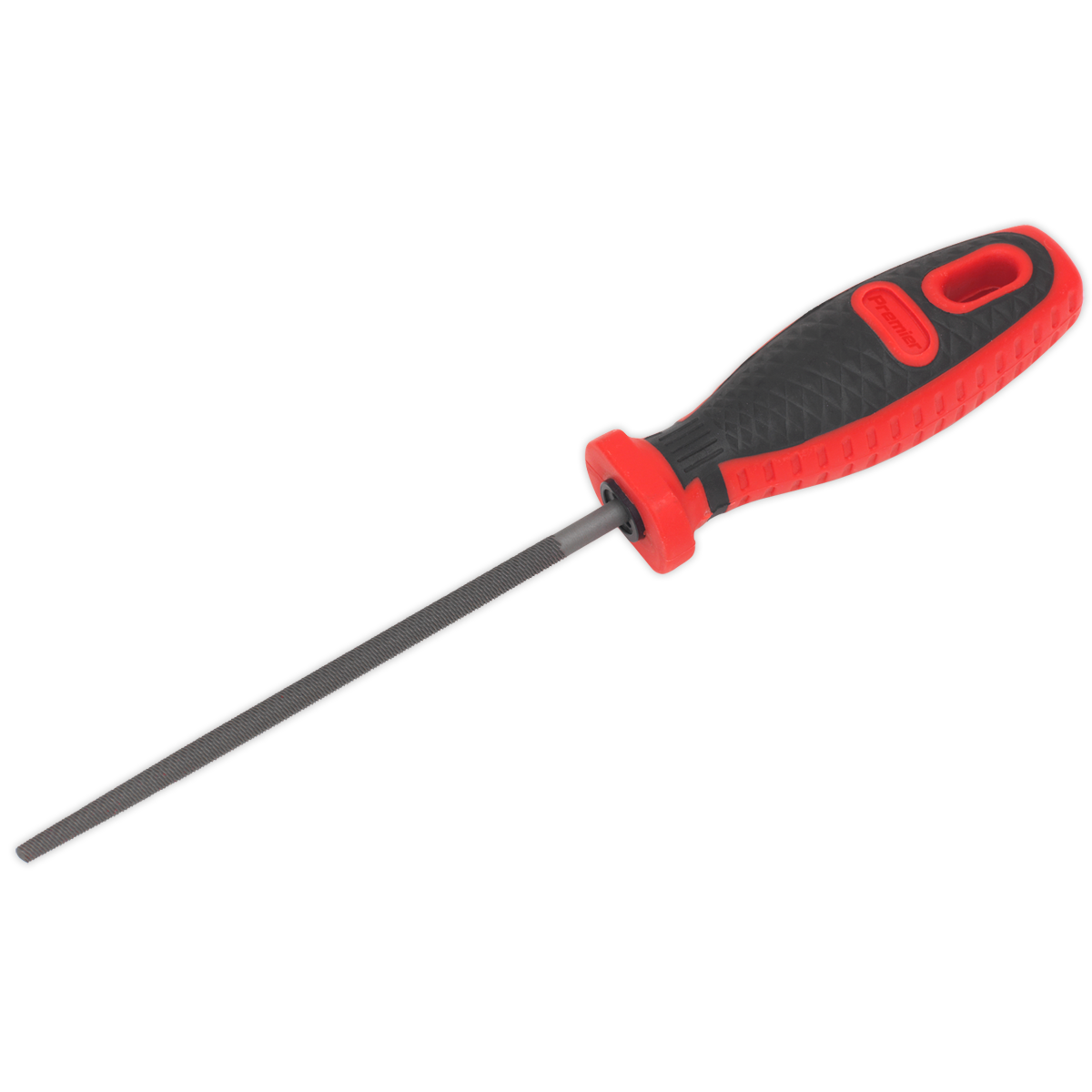 The Sealey Round Engineer's File 150mm - AK5802, featuring a black and red comfort grip handle, is designed for manual smoothing or shaping materials. Its double cut coarse file ensures faster removal of material.