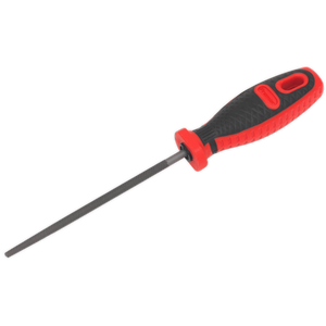 The Sealey Round Engineer's File 150mm - AK5802, featuring a black and red comfort grip handle, is designed for manual smoothing or shaping materials. Its double cut coarse file ensures faster removal of material.