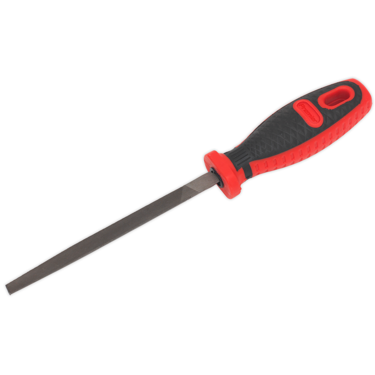 The Sealey 3-Square Engineer's File 150mm - AK5804 features a double cut coarse file with a flat blade and an ergonomic red and black comfort grip handle, all backed by a lifetime guarantee.